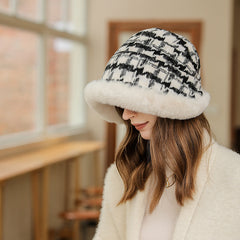 Winter Thick Warm Bucket Hat Plaid Fur Irregular Brim Fisherman Cap