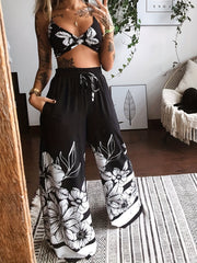 Sexy Butterfly Print Two piece Set Backless Crop Halter Top & Wide Leg Pants