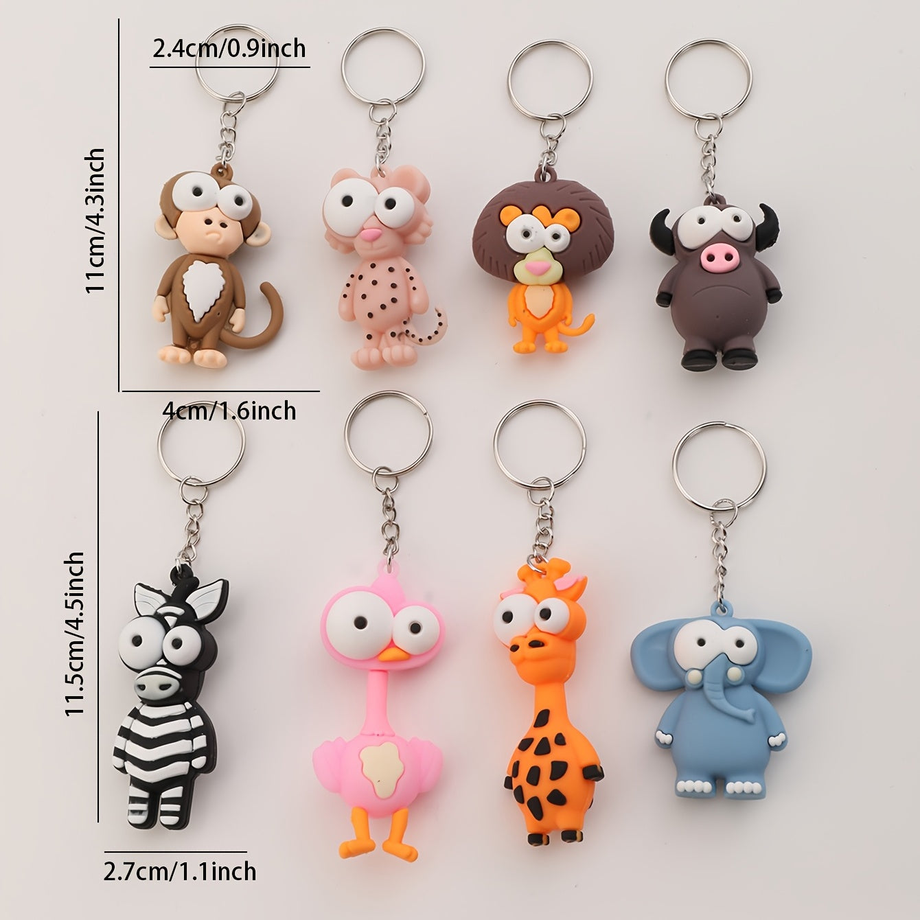 8pcs Big Eye Animal Keychain PVC Elephant Monkey Cow Deer Bag Key Chain