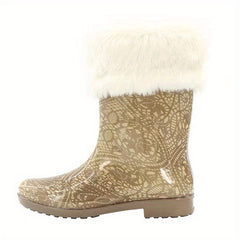 Women's Plush Lined Mid Calf Boots Waterproof Thermal Fluffy Fur Slip On Shoes