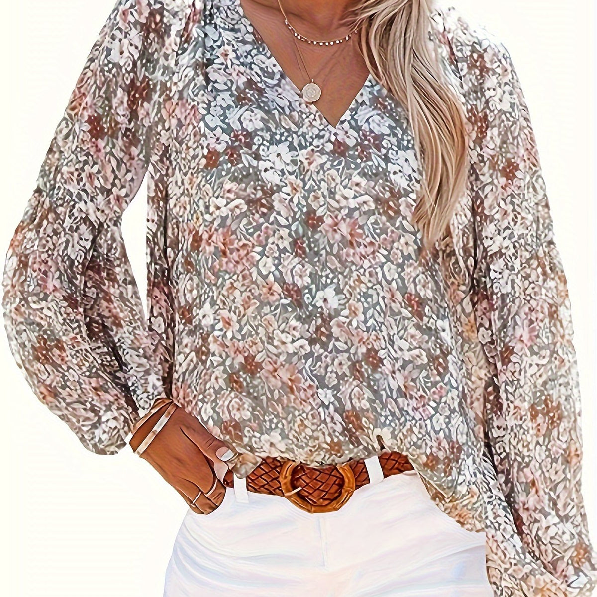  Boho Blouse Floral Print Lantern Sleeve V Neck Stretch Top