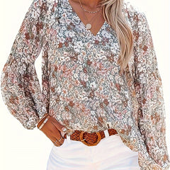  Boho Blouse Floral Print Lantern Sleeve V Neck Stretch Top