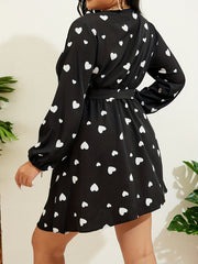  Heart Print Lantern Sleeve Dress With Belt