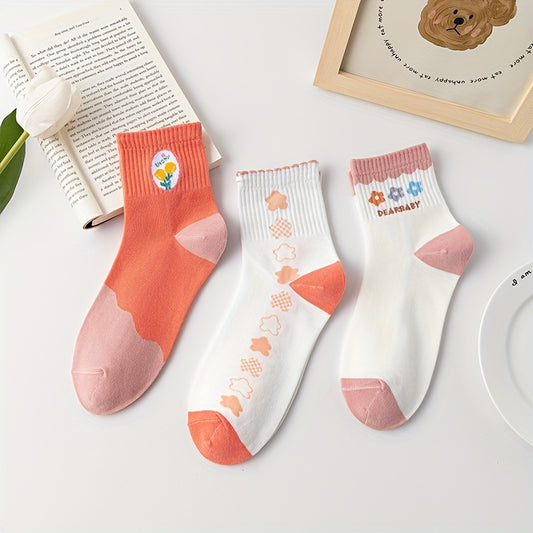 3 Pairs Floral Print Socks Comfy & Crew Socks Women's