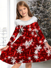 Snowflake Graphic Crew Neck Long Sleeve Dress Girls Christmas Dresses