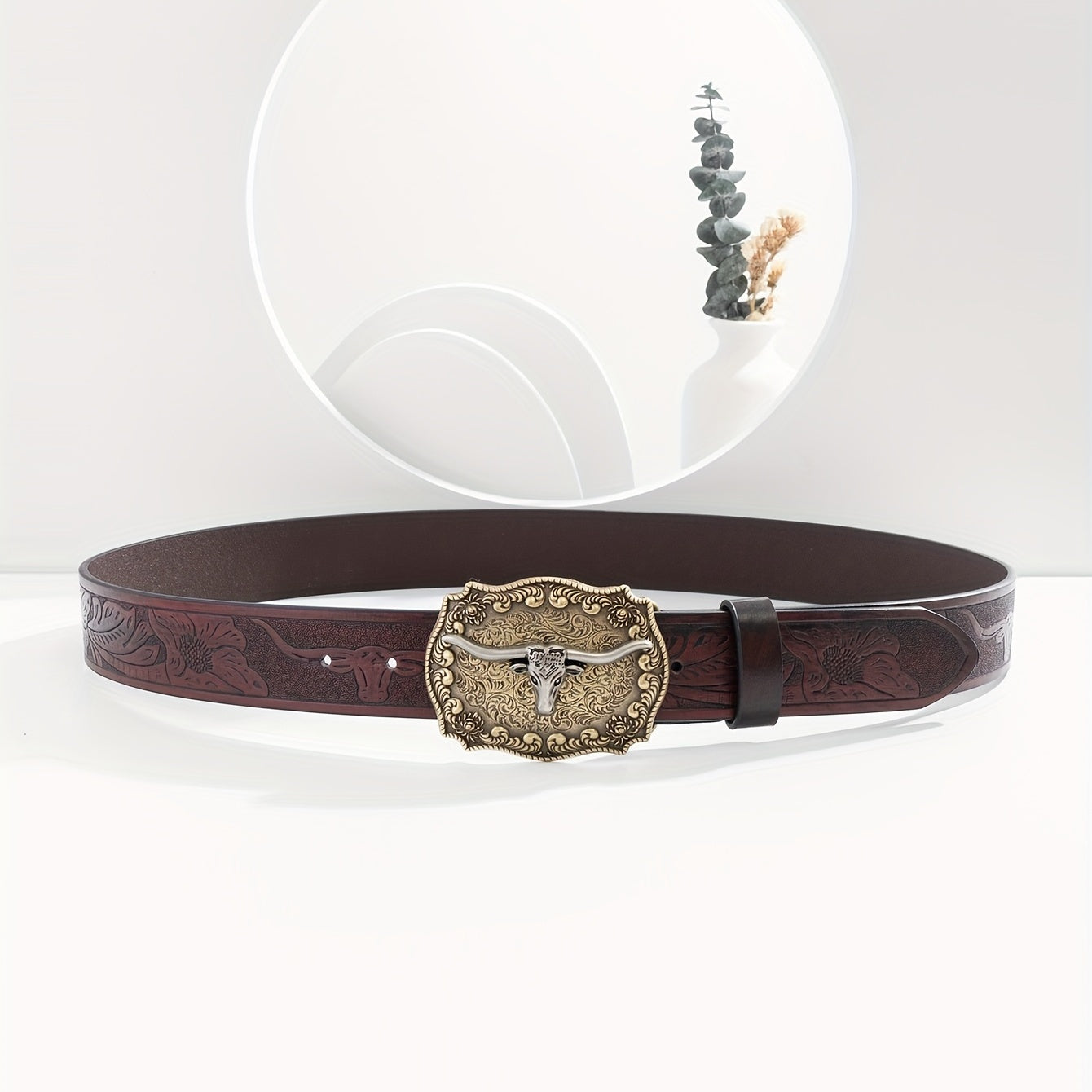 Men's Burgundy Western Cowboy Vintage Buckle Belt