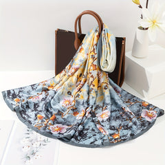 Plum Blossom Print Scarf Satin Head Wrap Silky Large Shawl Hair Accessories