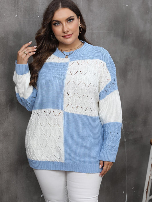  Colorblock Plaid Print Long Sleeve Sweater