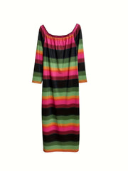 Plus Stripe & Ombre Print Long Sleeve Maxi Dress