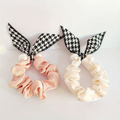 Houndstooth Bow Scrunchies Pearl Hair Rope Ponytail Holder Hair Accessories