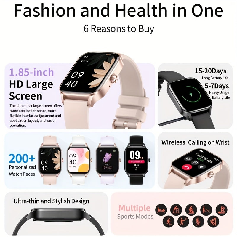 1.85 Sports Fitness Smartwatch Wireless Calling Message Music Control