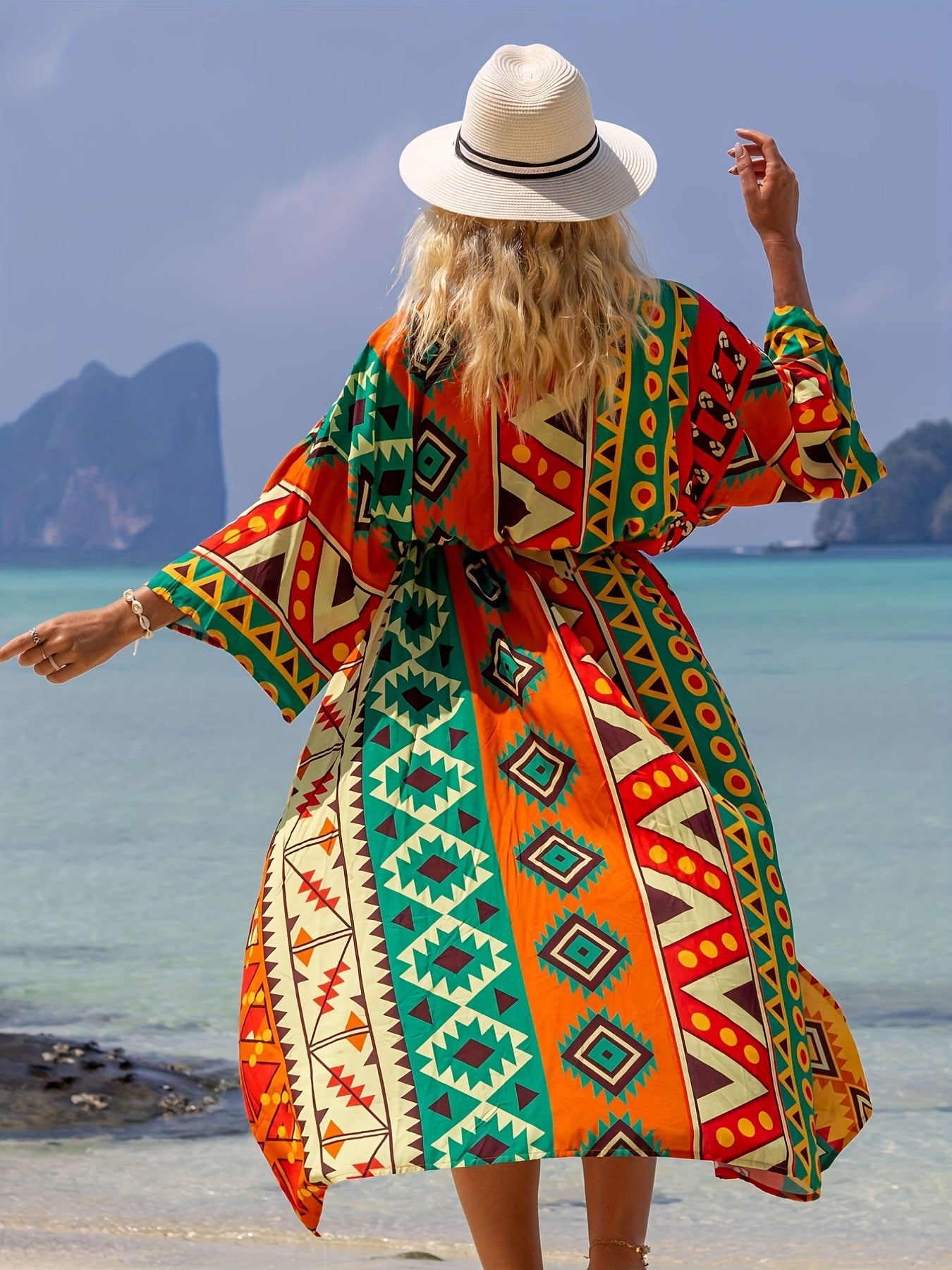  Tribal Print Half Sleeve V Neck Cover Up Robe