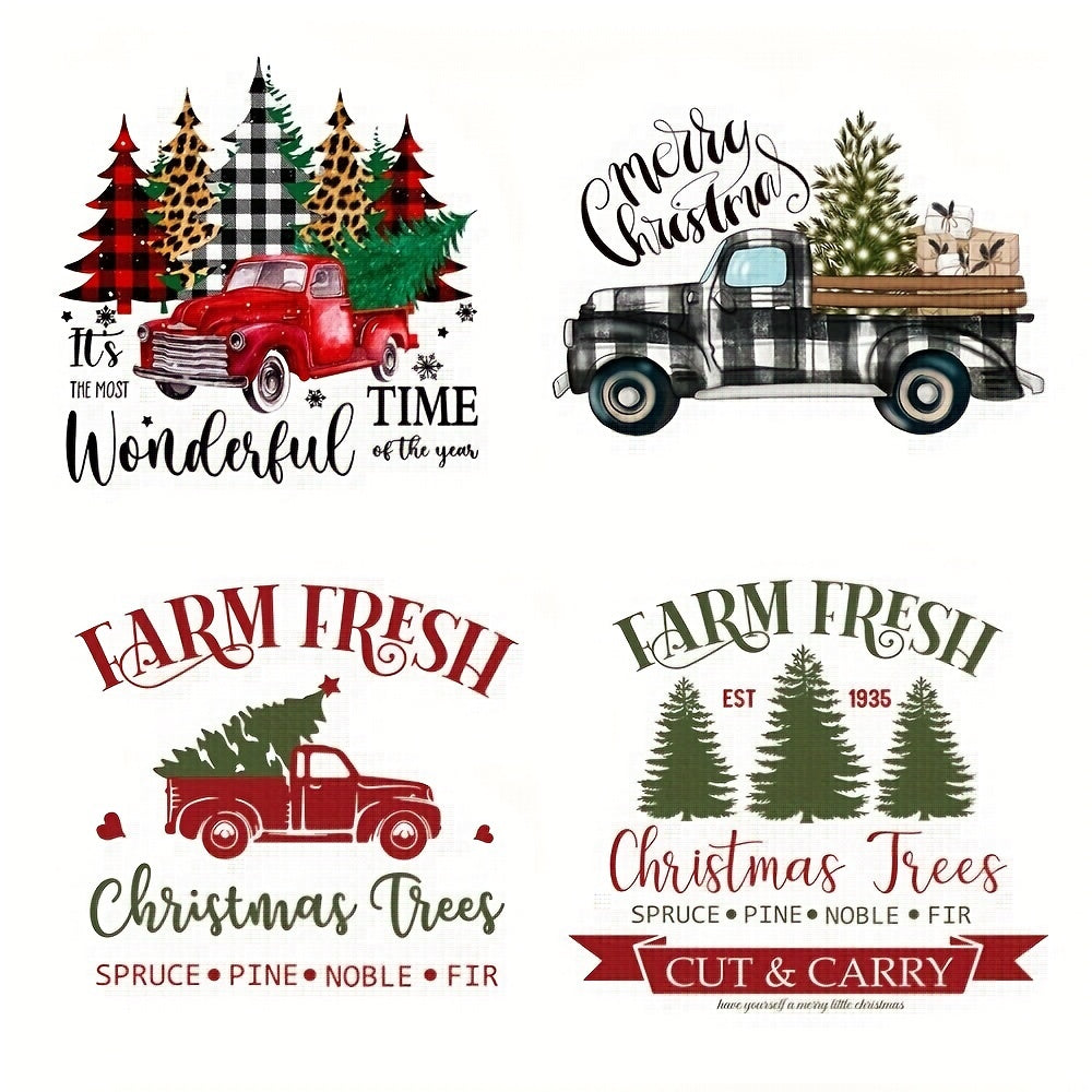 Christmas Car Tree Heat Transfer Sticker DIY Iron On Patch Retro Red Car