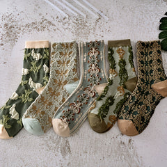 5 Pairs Floral Print Comfy Mid Tube Socks Women's Stockings