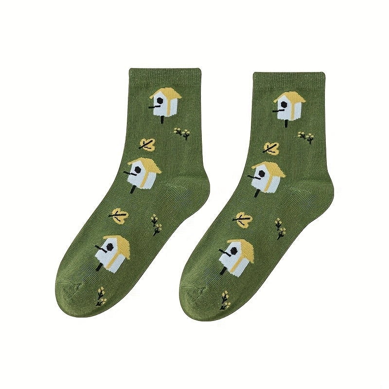 5 Pairs Floral Print Mid Tube Socks Women's Stockings