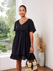  Solid Short Sleeve V Neck A line Mini Dress