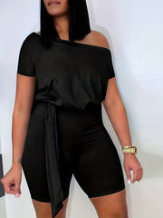  Solid One Shoulder Romper Nipped Waist
