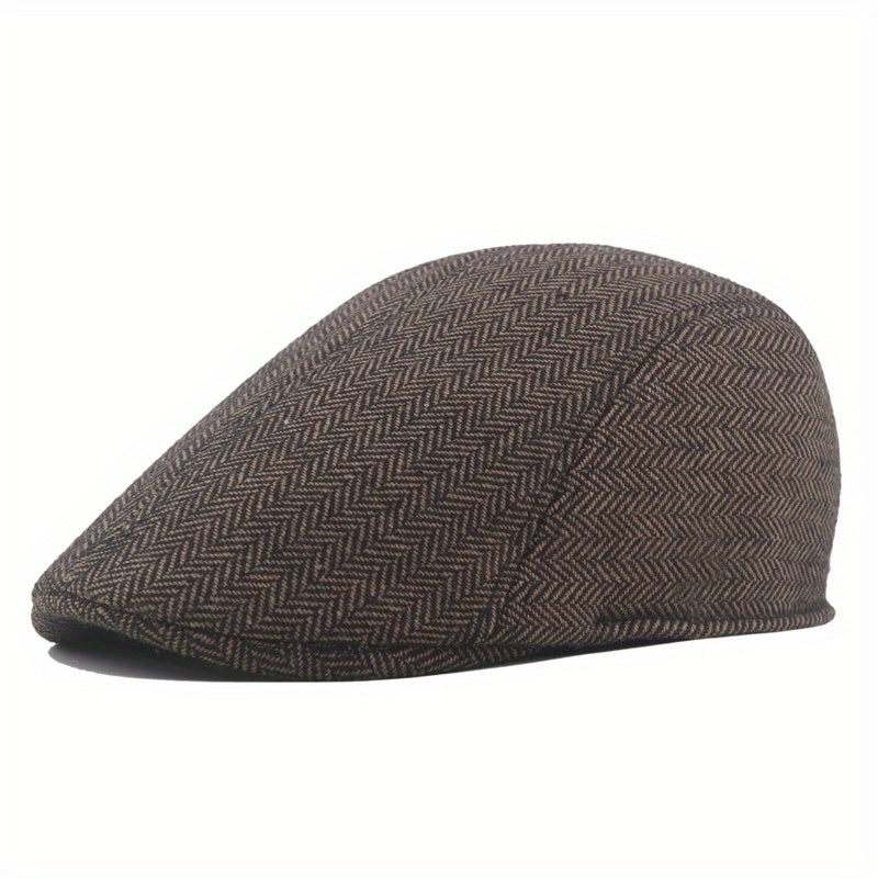 Mens Herringbone Tweed Blend Flat Cap Ivy Cabbie Driving Hat