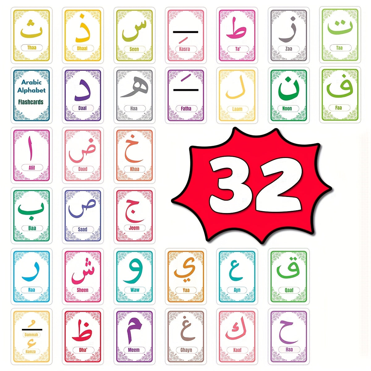 32pcs Arabic Alphabet Flashcards for Beginners with Pronunciation and Shapes