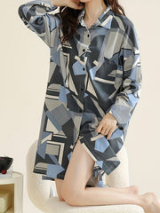 Geometric Pattern NightDress Long Sleeve V Neck Buttons Pajama Dress
