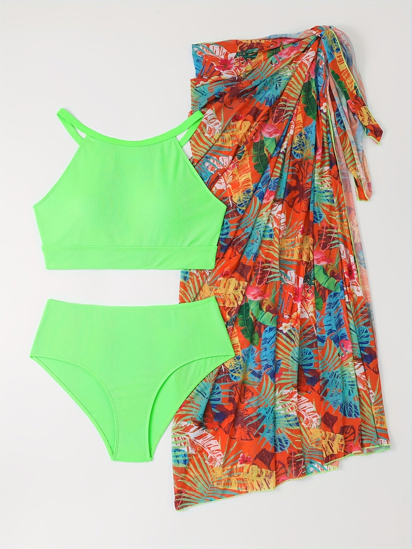  Ribbed Halter Bra Bikini Set with Cover Up Skirt