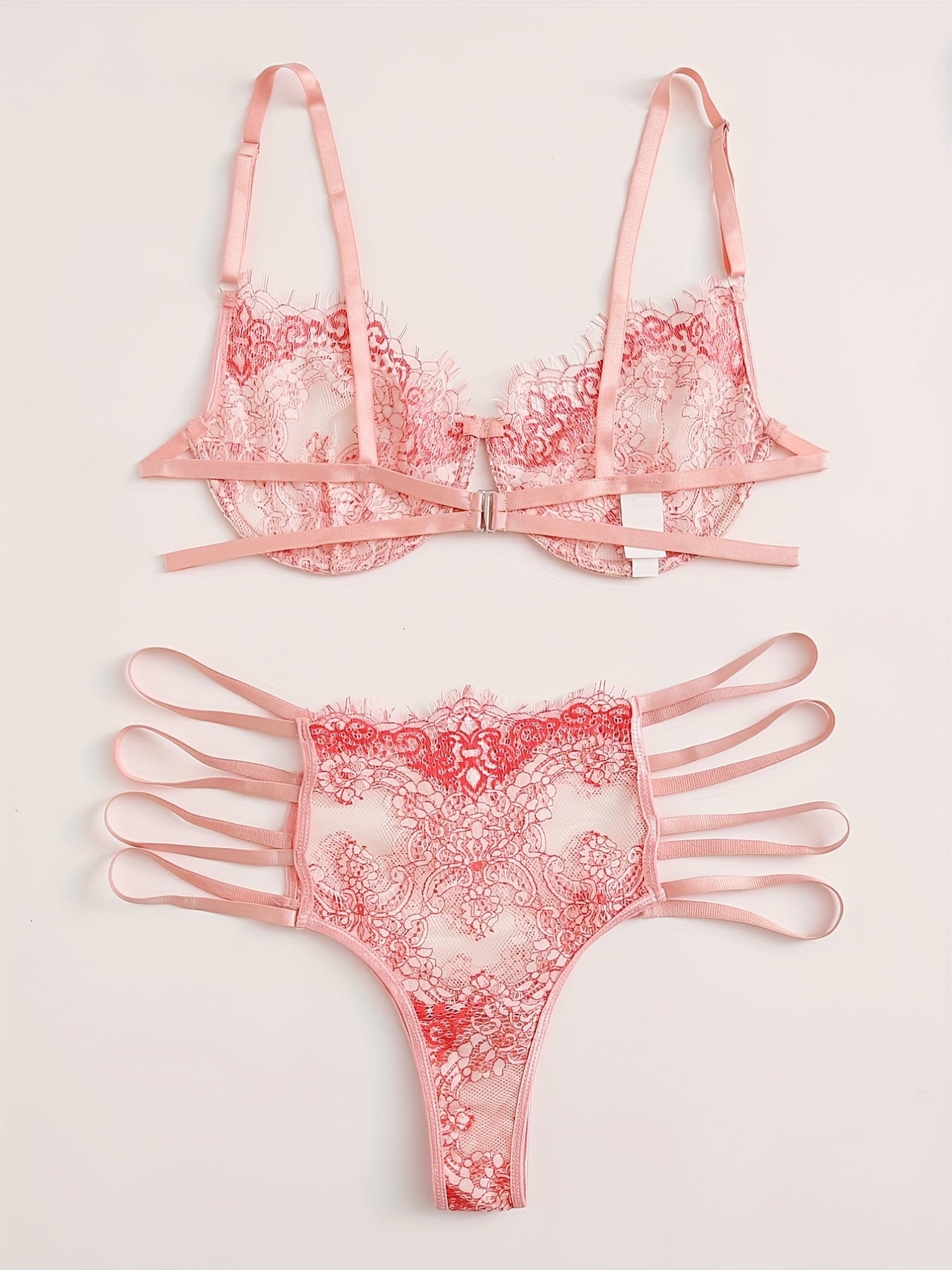  Floral Lace Cut Out Strappy Bra & Panty Lingerie Set