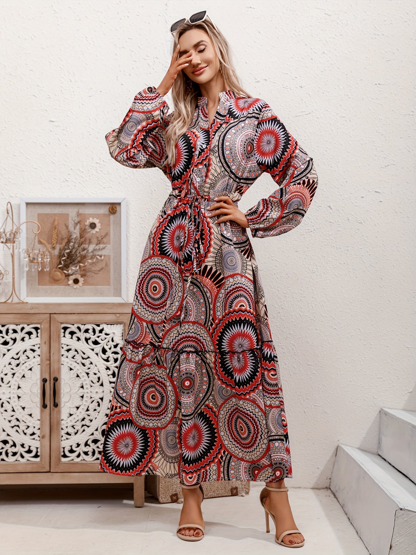 Boho Maxi Dress Women's Plus Graphic Print Long Sleeve V Neck