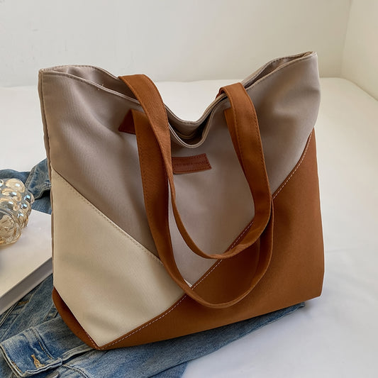 Vintage Colorblock Tote Bag Large Capacity Shoulder Bag Women's Casual Handbag