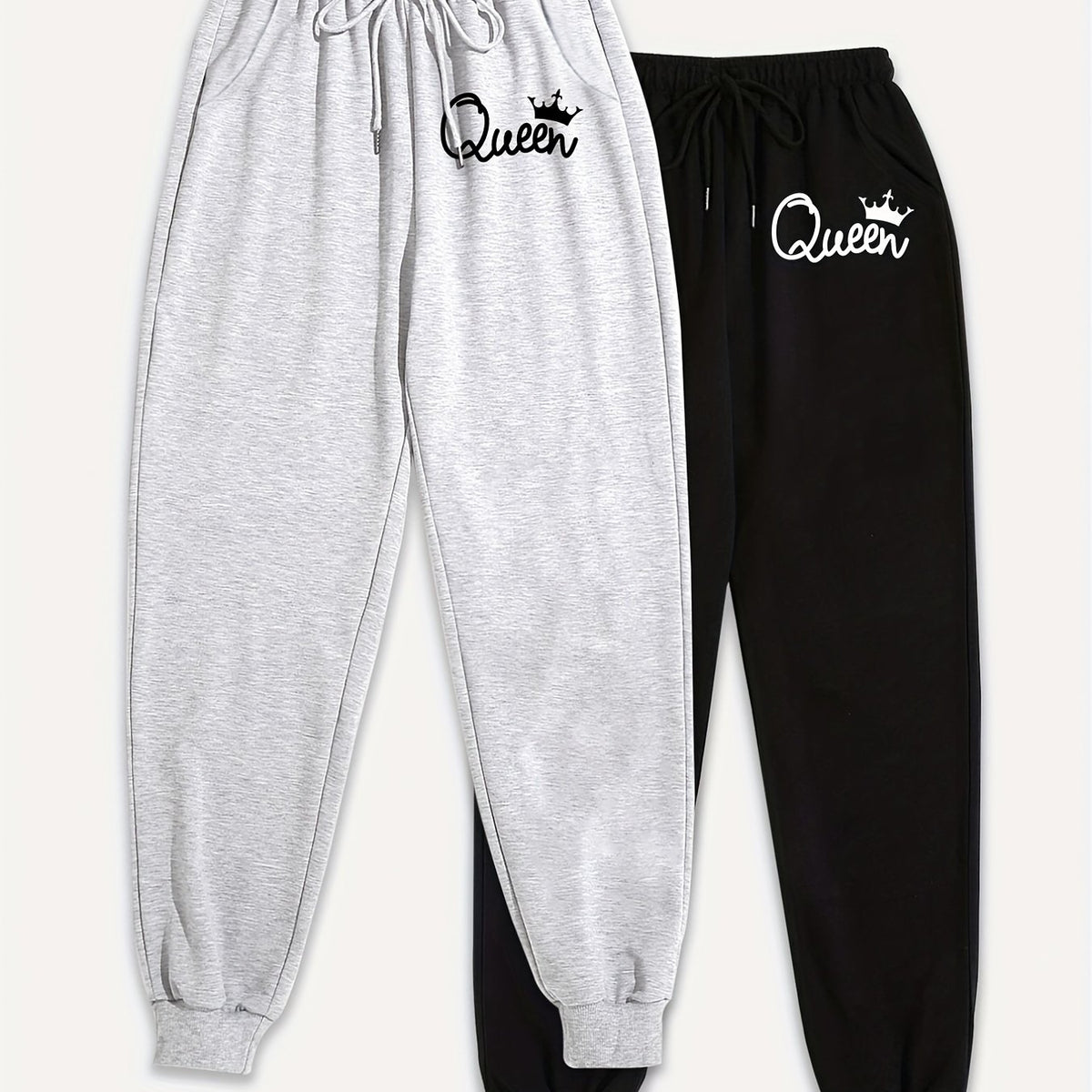 2 Pcs Set Women's Plus Size Letter & Crown Print Joggers
