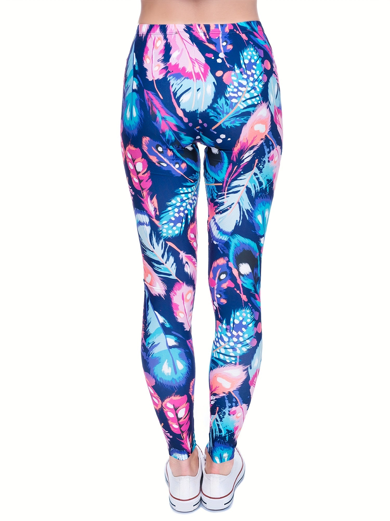 Feather Print Skinny Leggings Stretchy Women's Clothing