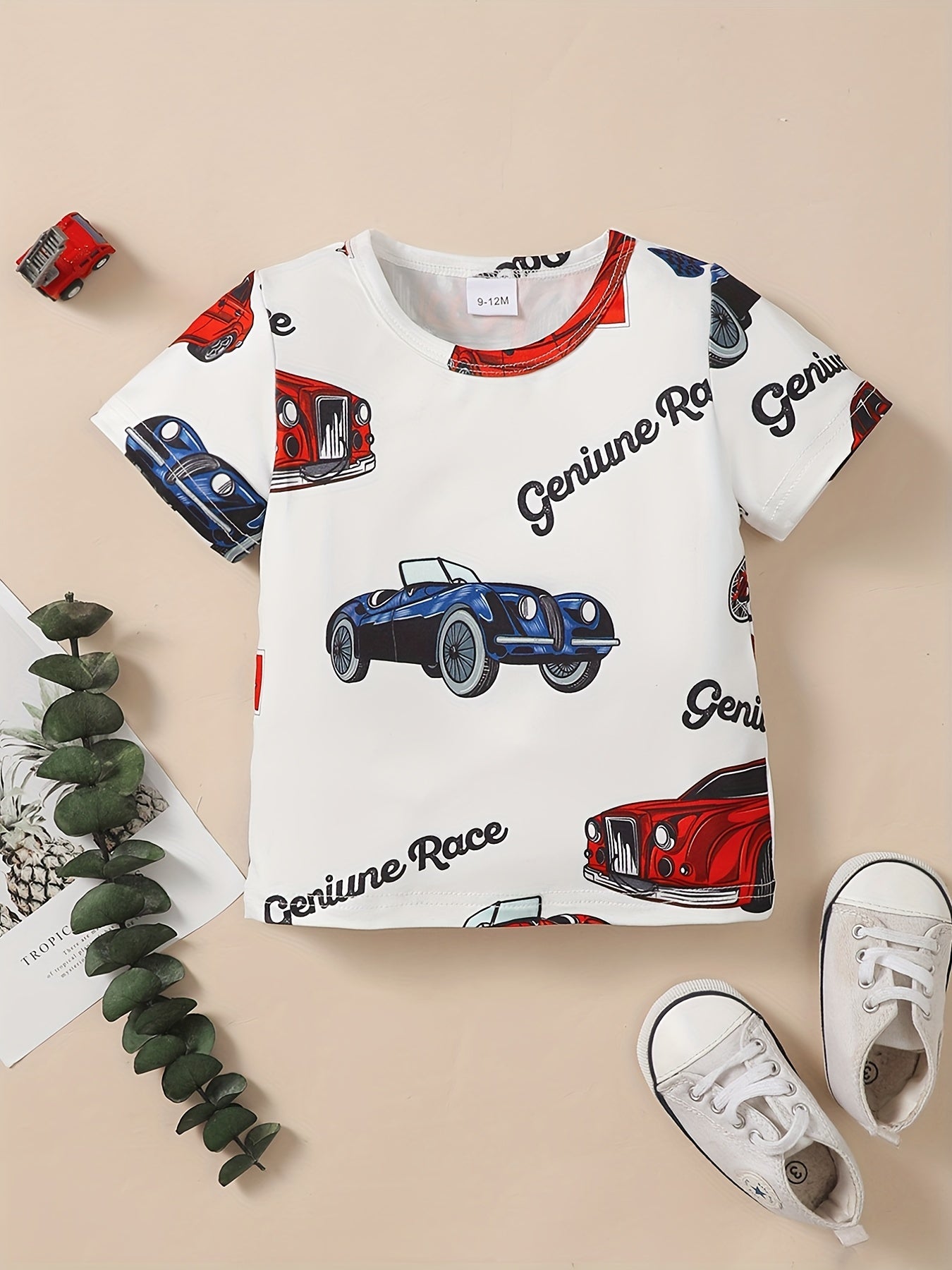 Baby Boys Car Graphic Print Round Neck T-shirt for Summer