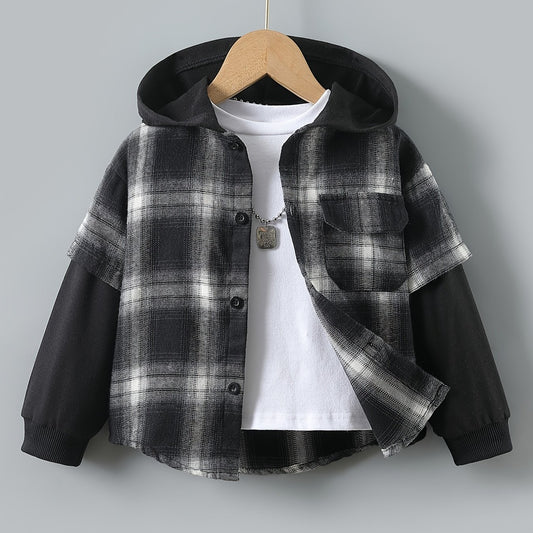 Boys Plaid Hoodie Button Long Sleeve Patchwork Jacket Top