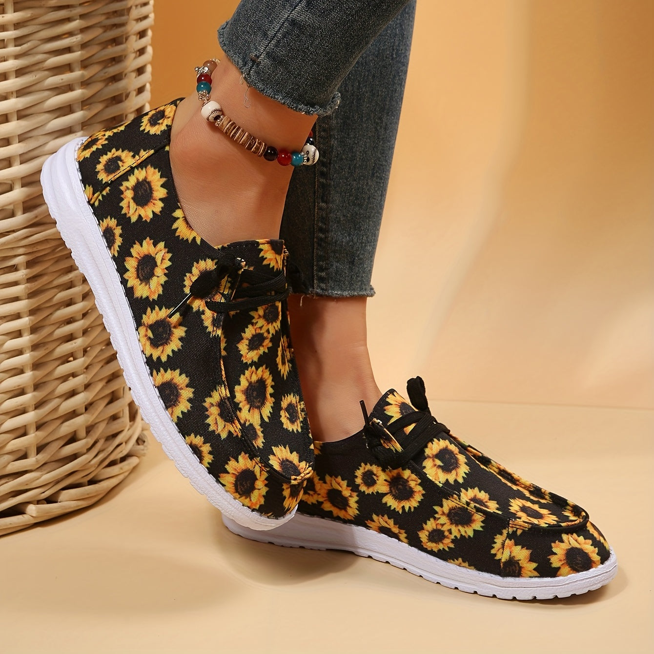 Women's Sunflower Print Canvas Slip-On Loafers Shoes