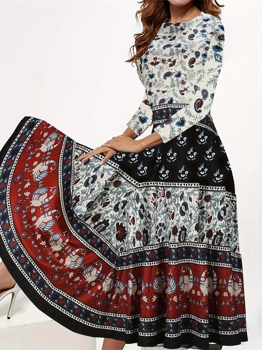 Women's Plus Tribal & Floral Print Three Quarter Sleeve Round Neck Maxi Dress