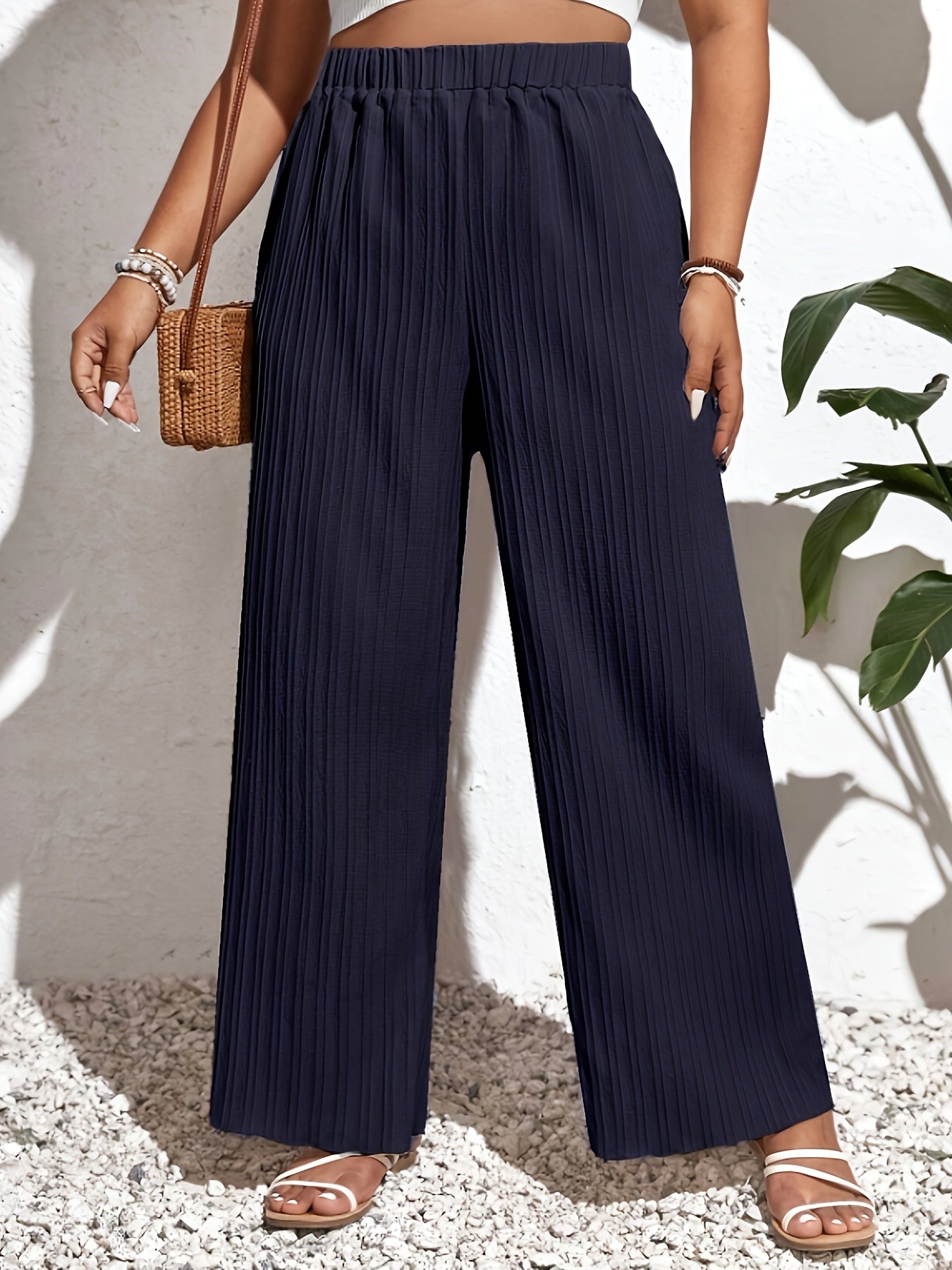Plus Size Solid Ribbed Wide Leg Trousers