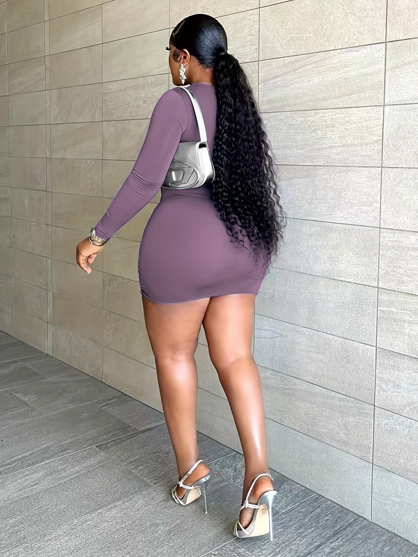 Solid Ring Long Sleeve Bodycon Mini Dress