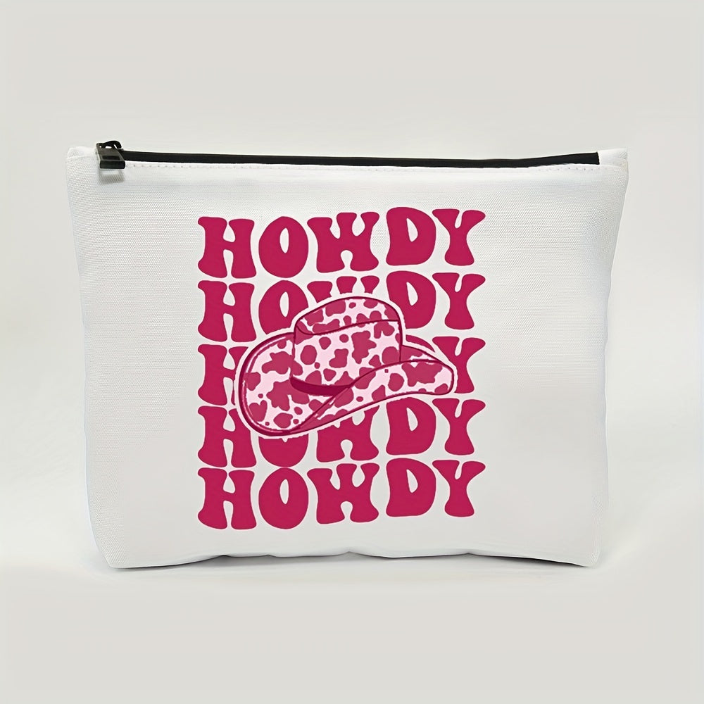 Hot Pink Vintage Western Cow Print Cowboy Hat Cosmetic Bag
