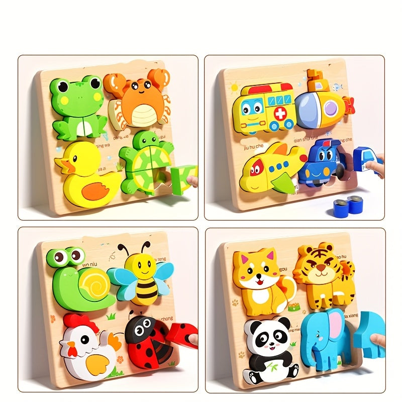 2pcs Wooden Animal Puzzles for Kids - Educational Shapes with Bright Colors