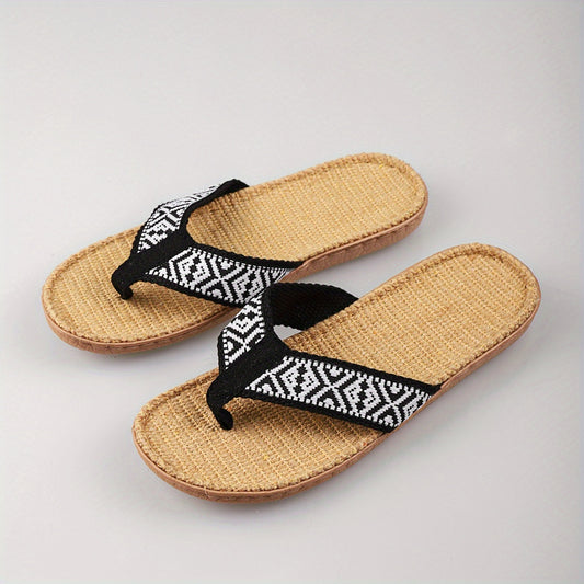 Women's Braided Straps Flip Flops Linen Sole Flat Beach Shoes