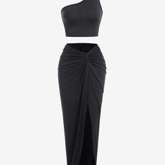 Sexy One Shoulder Crop Top & Front Skirt Set Women's Clothing