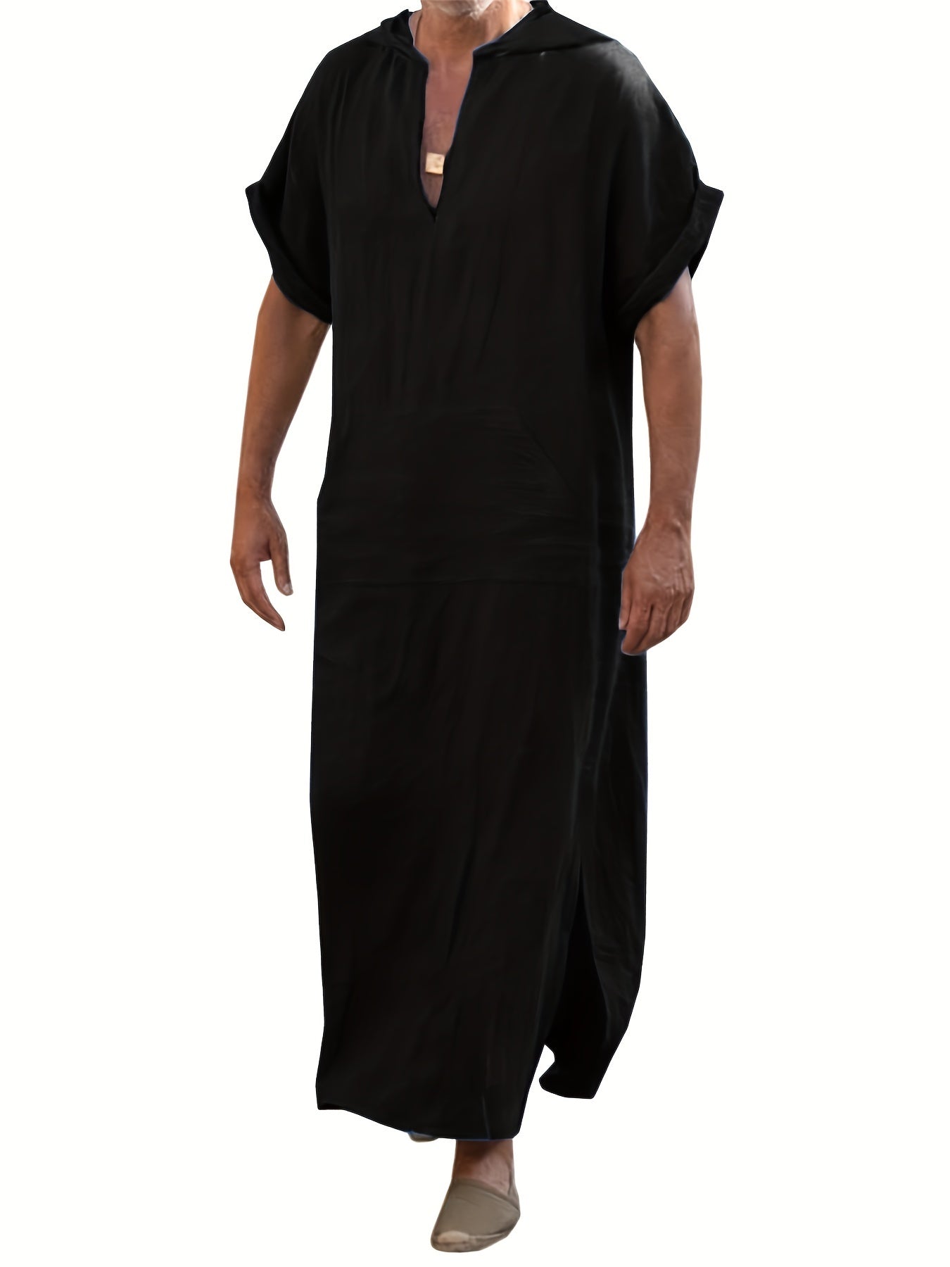 Vintage Islamic Arabic Kaftan For Men Short Sleeve Hooded V Neck Muslim Clothes
