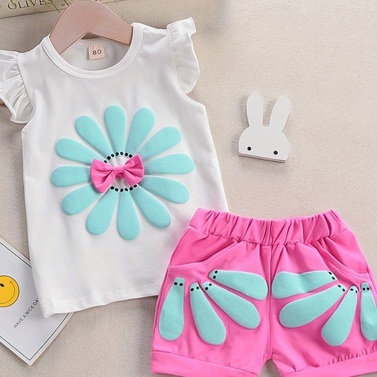 Girl's Sunflower Print Ruffled Top & Shorts Set