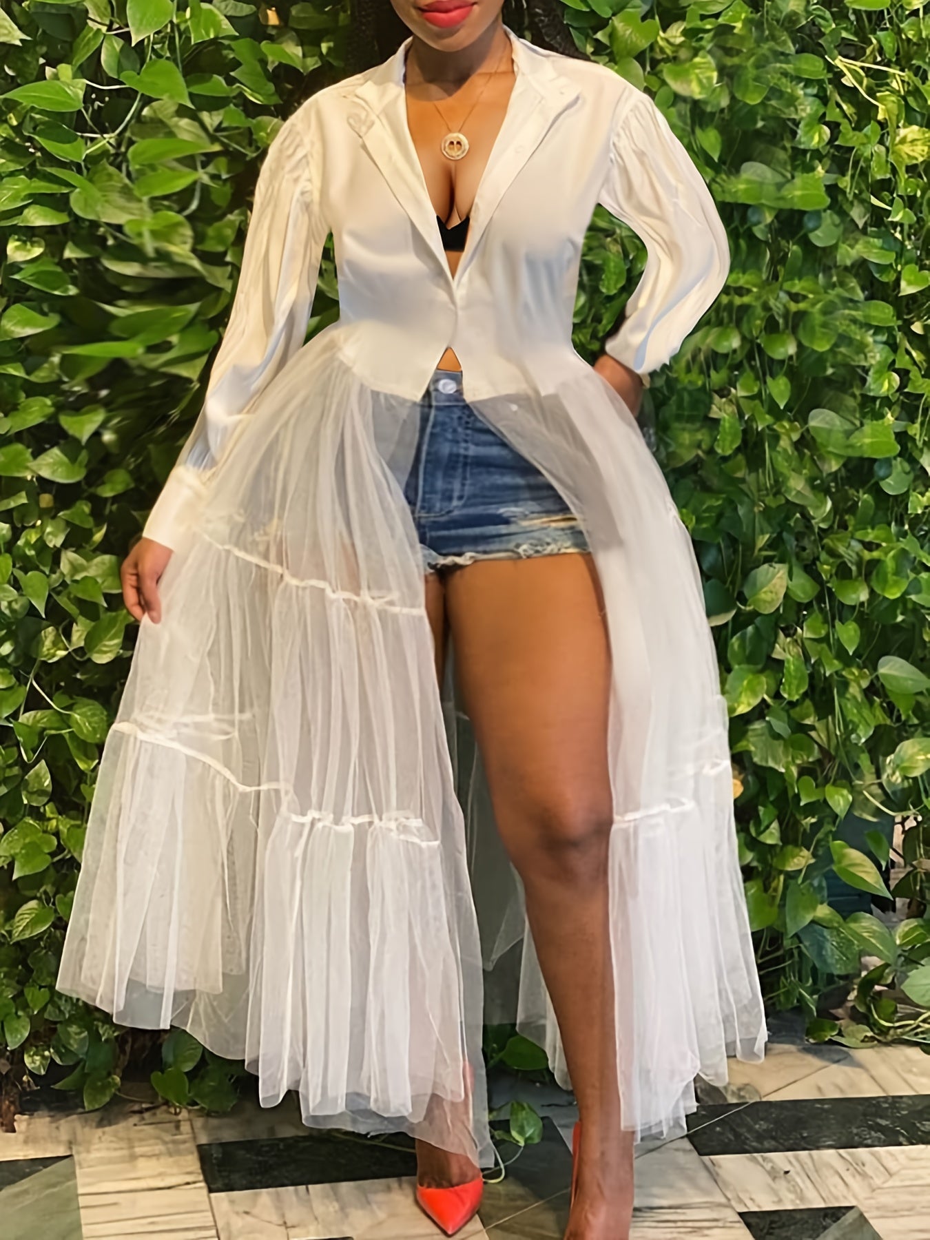  Solid Mesh Button Up Lantern Sleeve Smock Dress