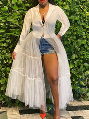  Solid Mesh Button Up Lantern Sleeve Smock Dress