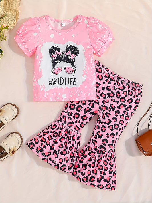 2pcs Baby Girls Puff Sleeve T-shirt & Leopard Pants Set