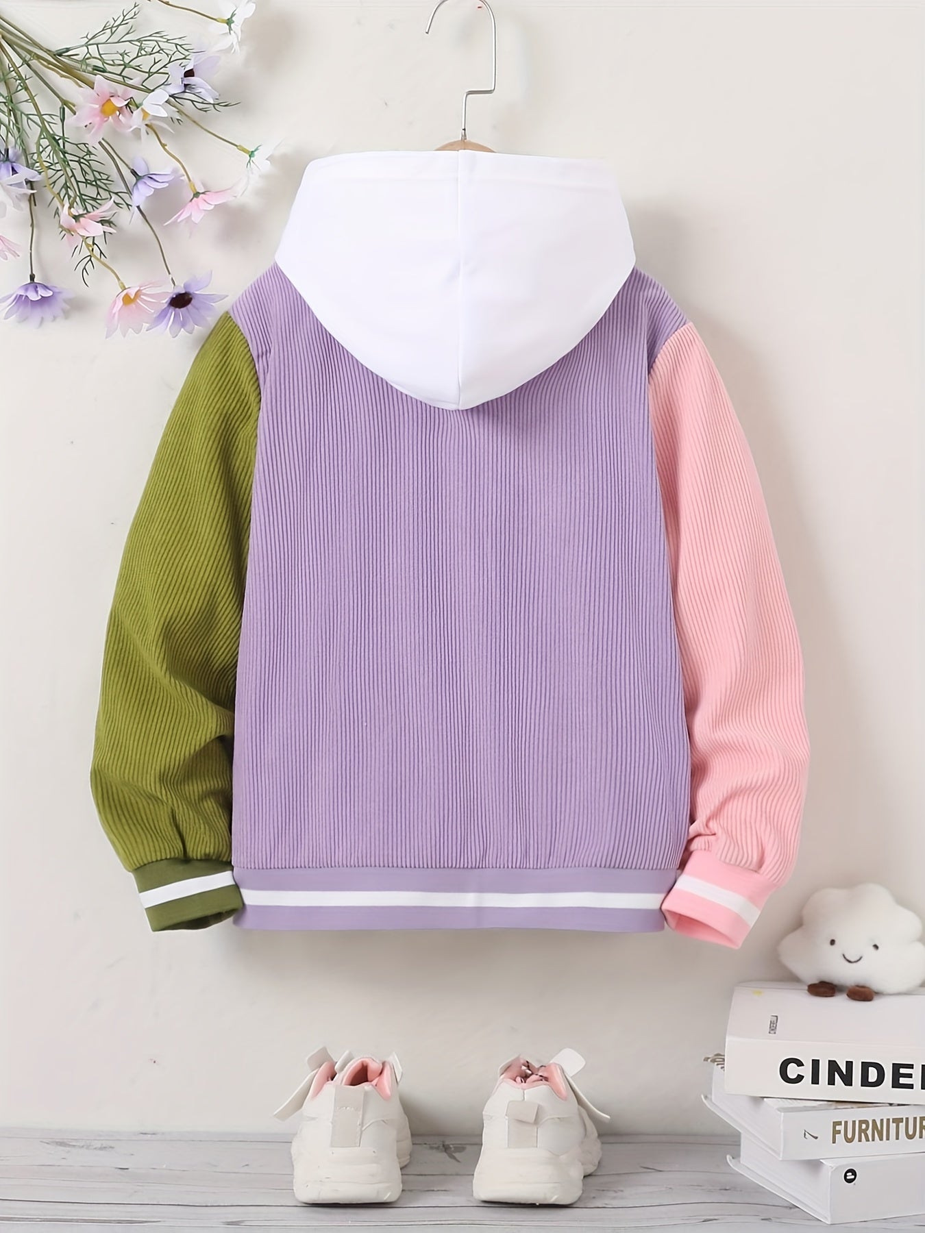 Girls Letter Patched Striped Baseball Jacket
