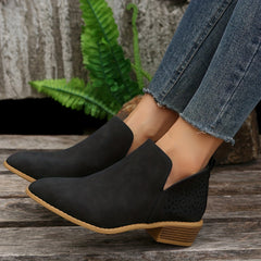 Women's Perforated Short Boots Retro Pointed Toe Stacked Chunky Heels