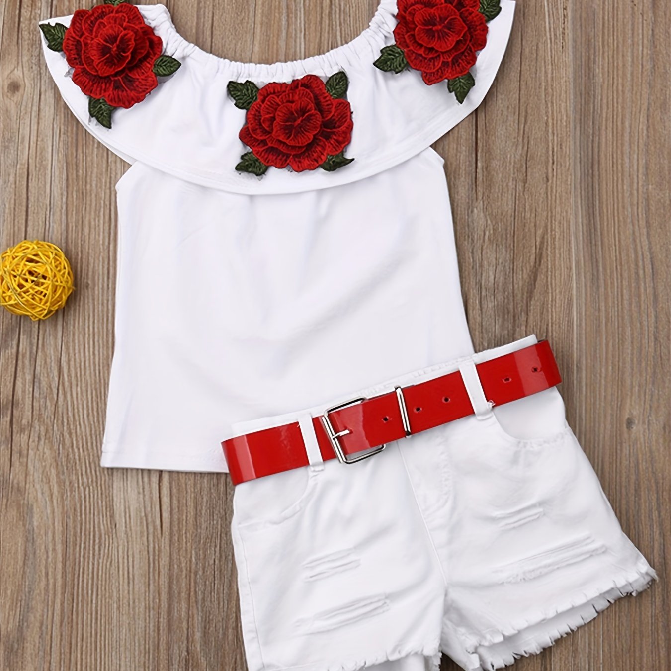 Girls Floral Off Shoulder Top & Denim Shorts Set