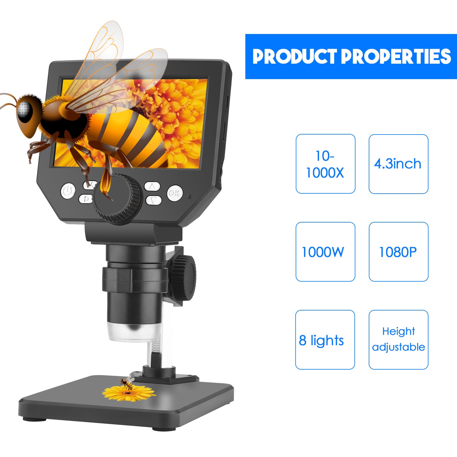 4.3 inch HD LCD 1000X Digital Microscope 10 Megapixels 1080P