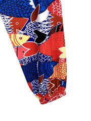 Sporty Plus Size Colorblock Fish Print Pants